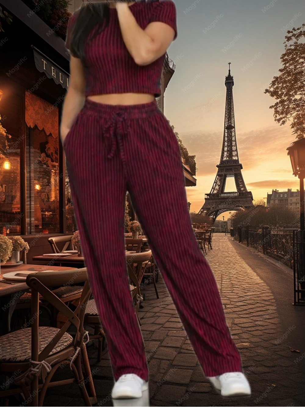New! The “Cafe” Set Black and Red Textured Pin Stripe Wide Leg Baby Tee Set